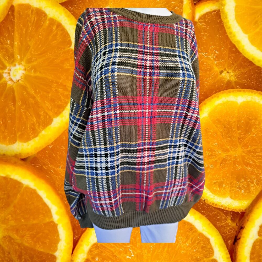 Vintage Nautica Plaid Red Green White Crew Neck Knit Sweater Size Large